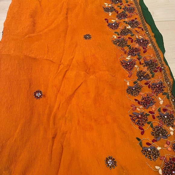 Women’s Indian 3 Piece Orange with Detailed Top & Pants w Matching Wrap-Large - Picture 4 of 11